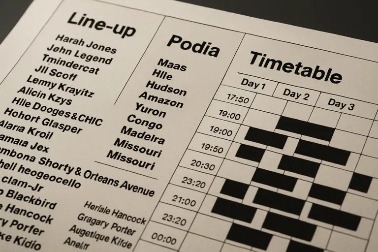 Line-up, podia en timetable